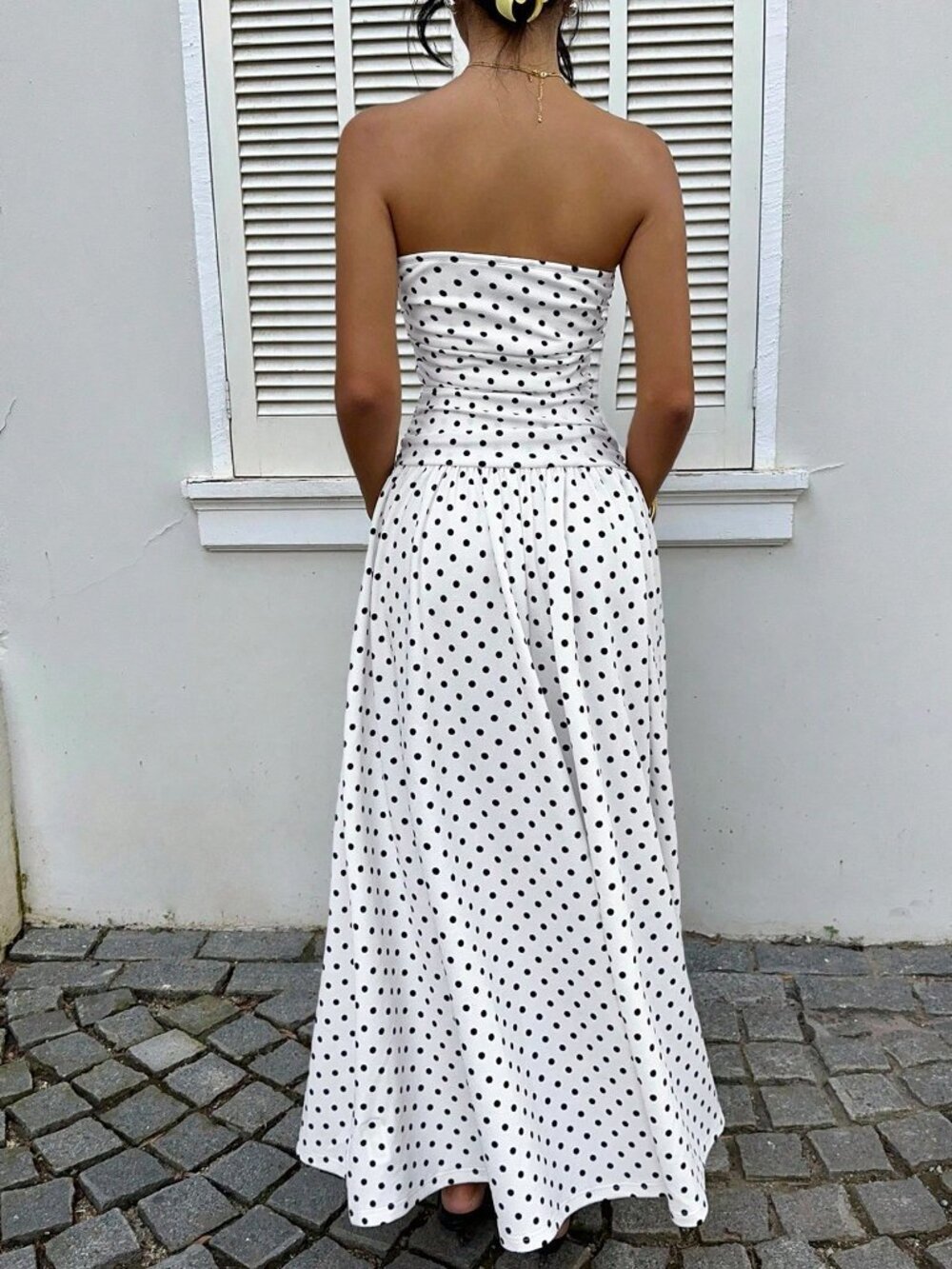Black And White Casual Women's With Polka Dots Strapless Maxi Tube Dress - Picture 2 of 6